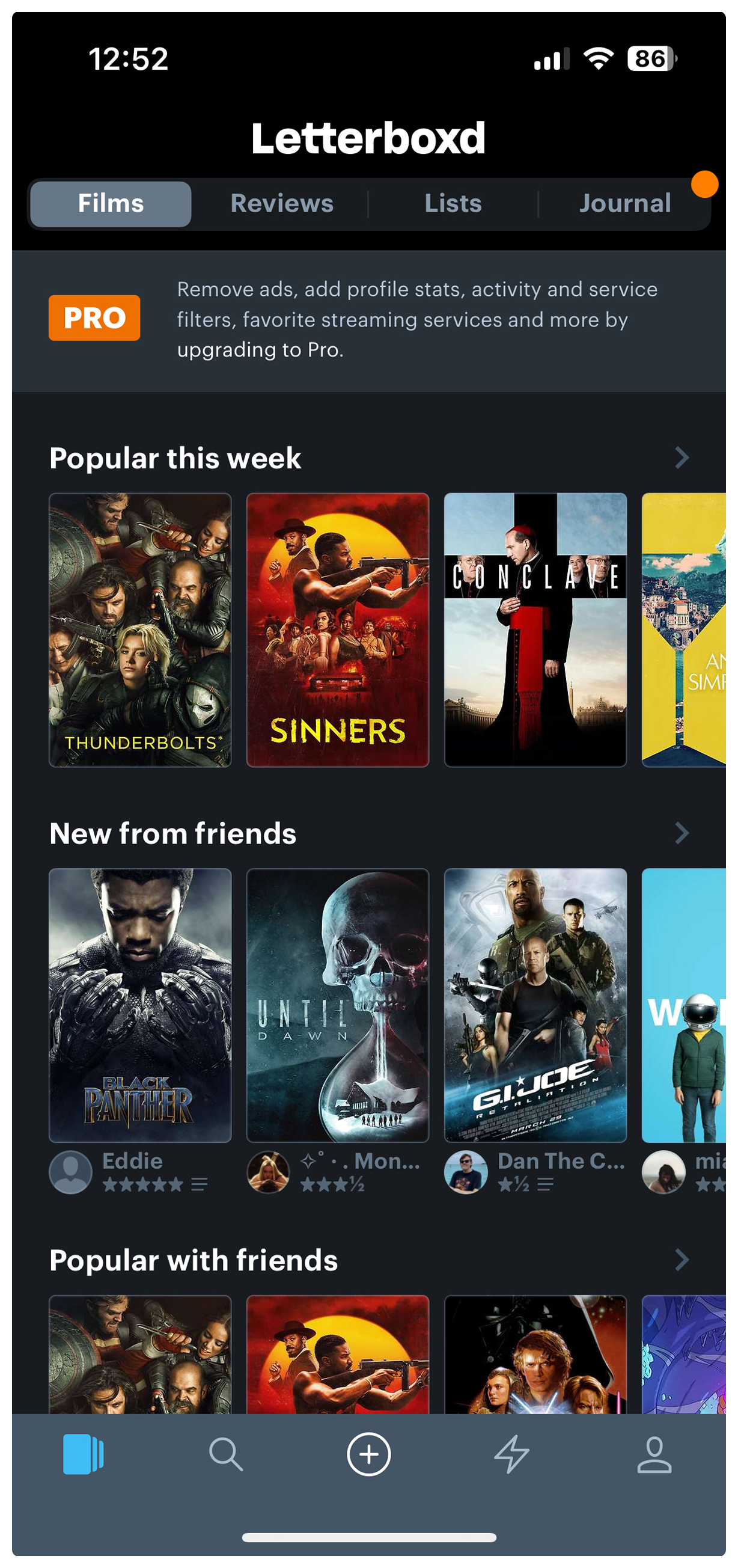 Letterboxd current home screen