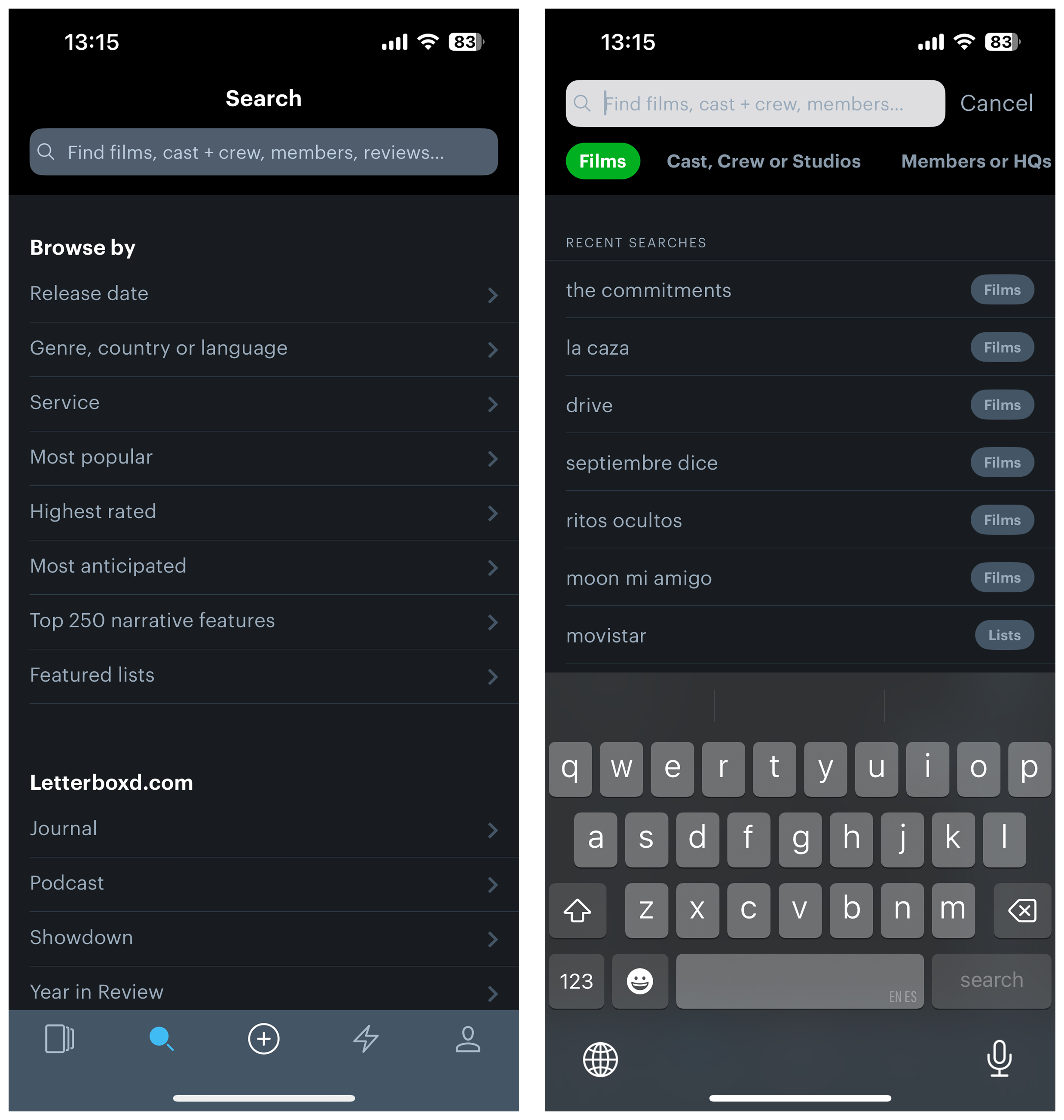 Current Letterboxd search screen