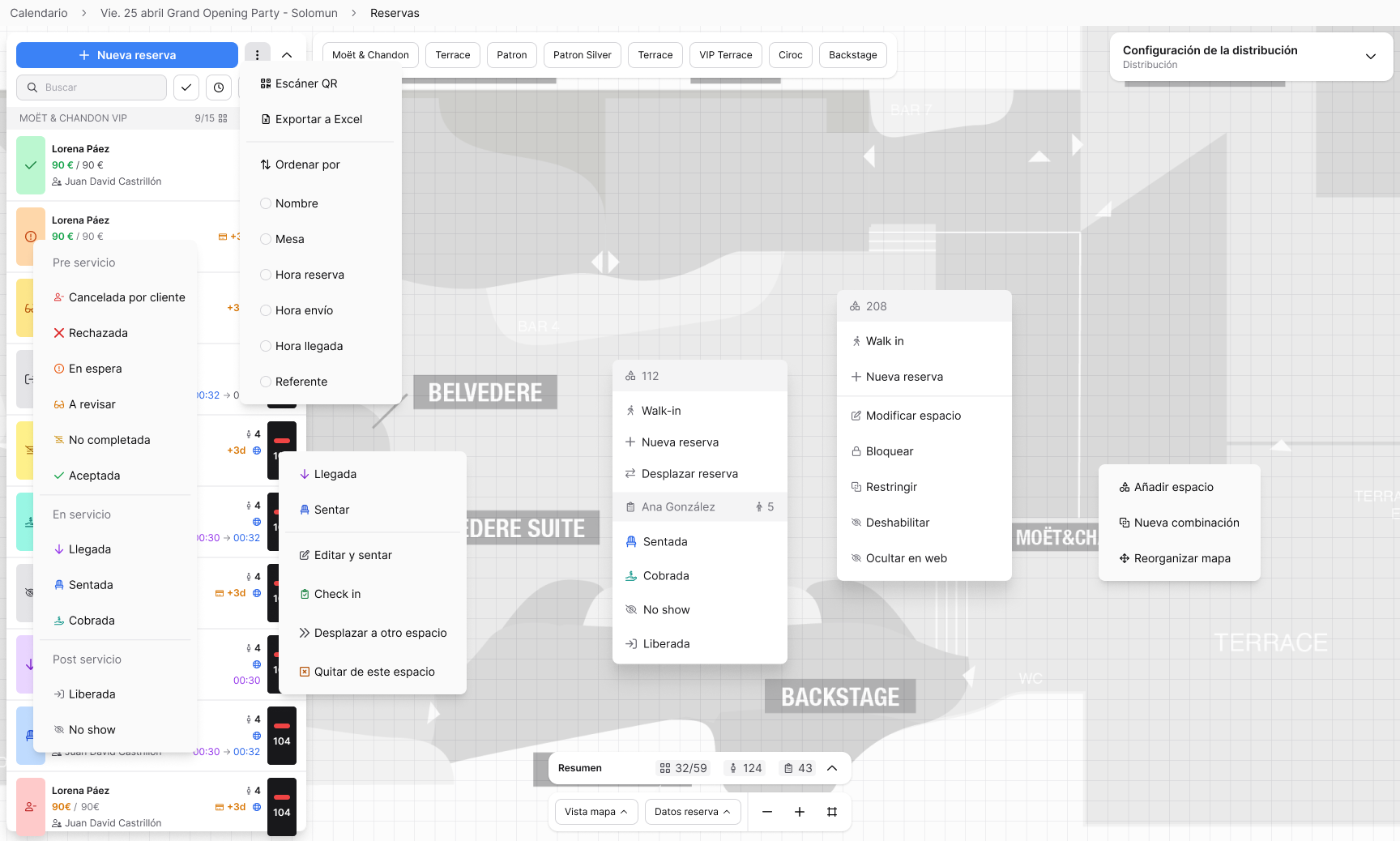 Venue map with contextual dropdown menus showing table actions — walk-in, new reservation, move, status changes