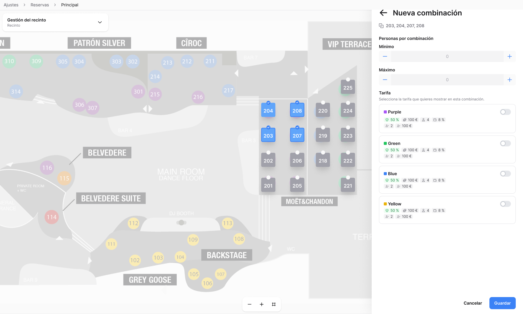 Table combination workflow — selected tables highlighted on map with new combination panel showing min/max persons and tarifa