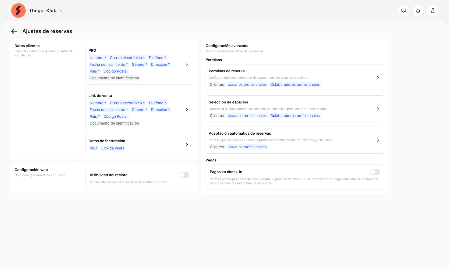 Reservation admin settings panel with permissions, client selection, and auto-accept policies