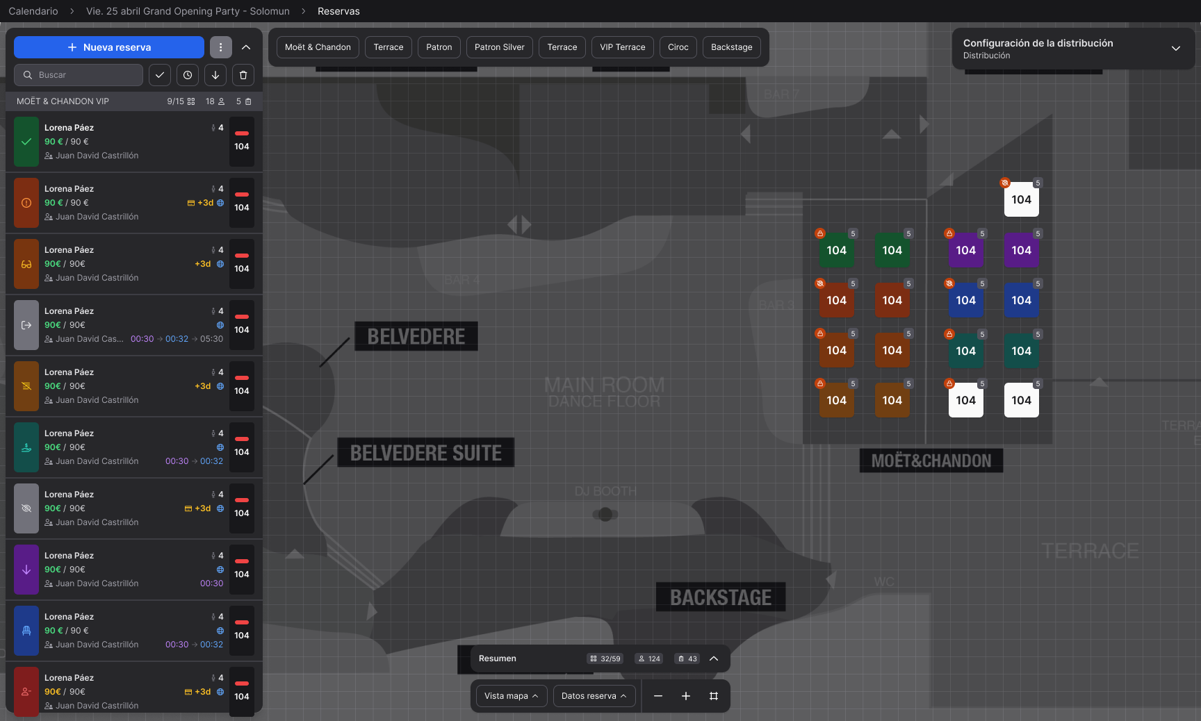 Reservation map in dark mode showing color-coded table states — confirmed, pending, no-show