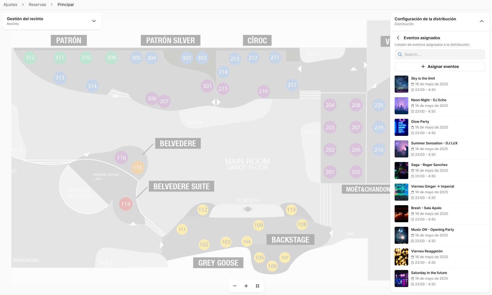 Event assignment panel showing scheduled events linked to a venue distribution