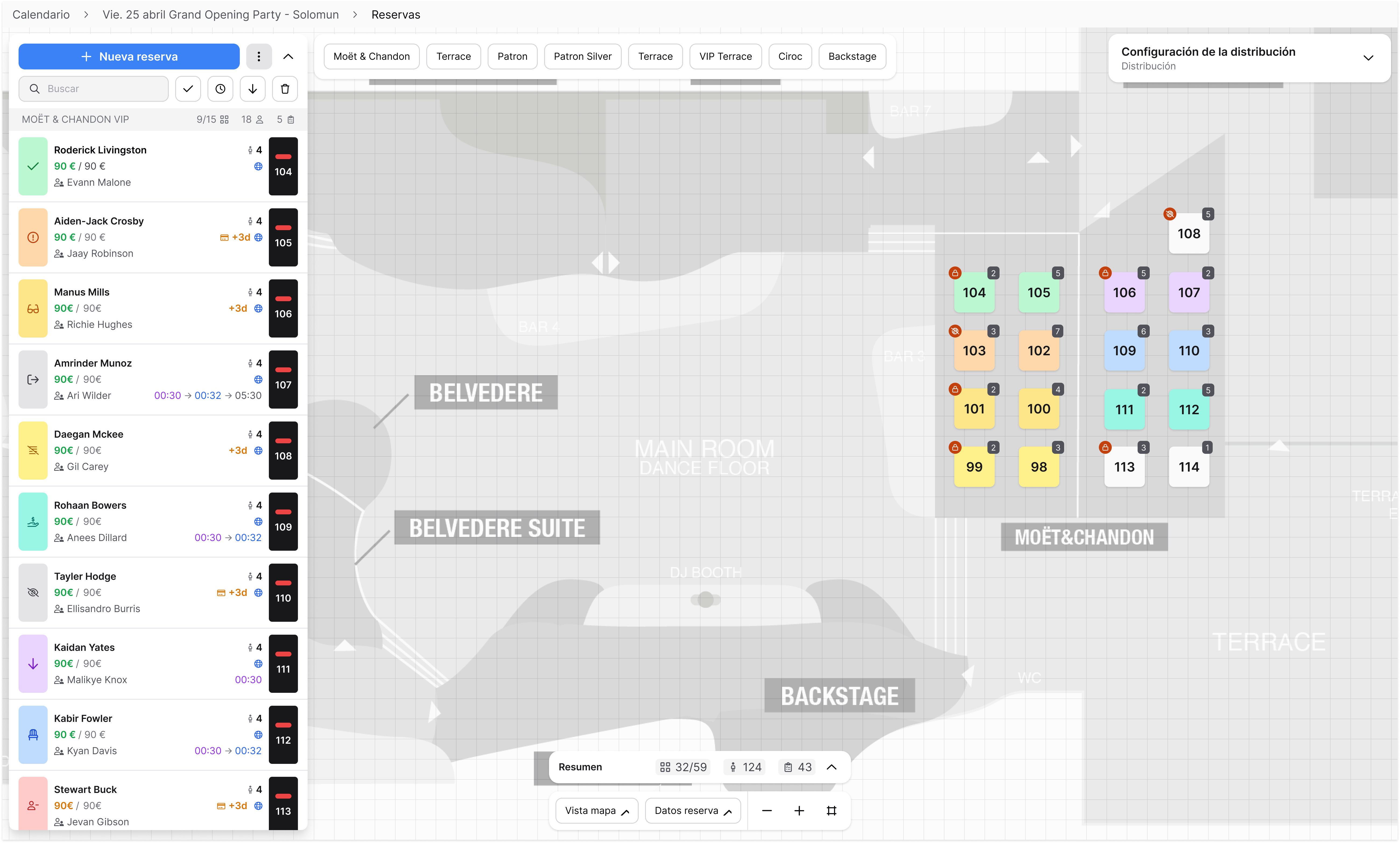 Fourvenues venue map editor showing reservation list, interactive floor plan with zones (Belvedere, Main Room, Moët & Chandon, Backstage, Terrace) and summary bar