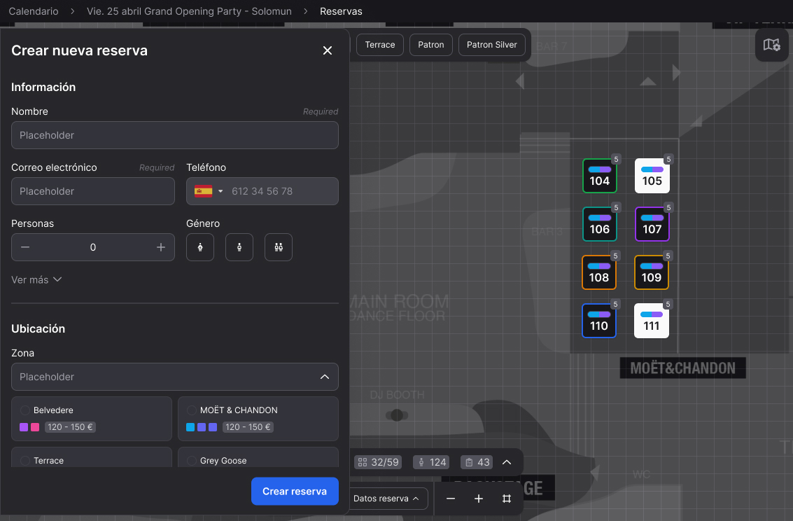 Create new reservation modal overlaid on the dark mode venue map with zone selector and guest fields