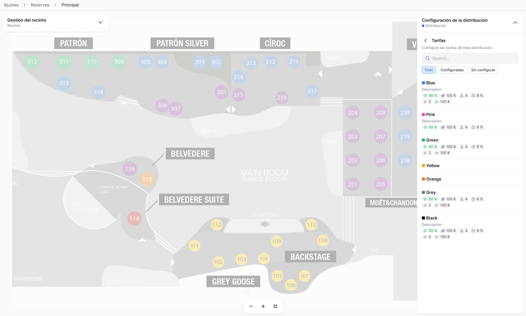 Venue map with pricing tiers configuration panel showing Blue, Pink, Green, Yellow, Orange and Grey tiers