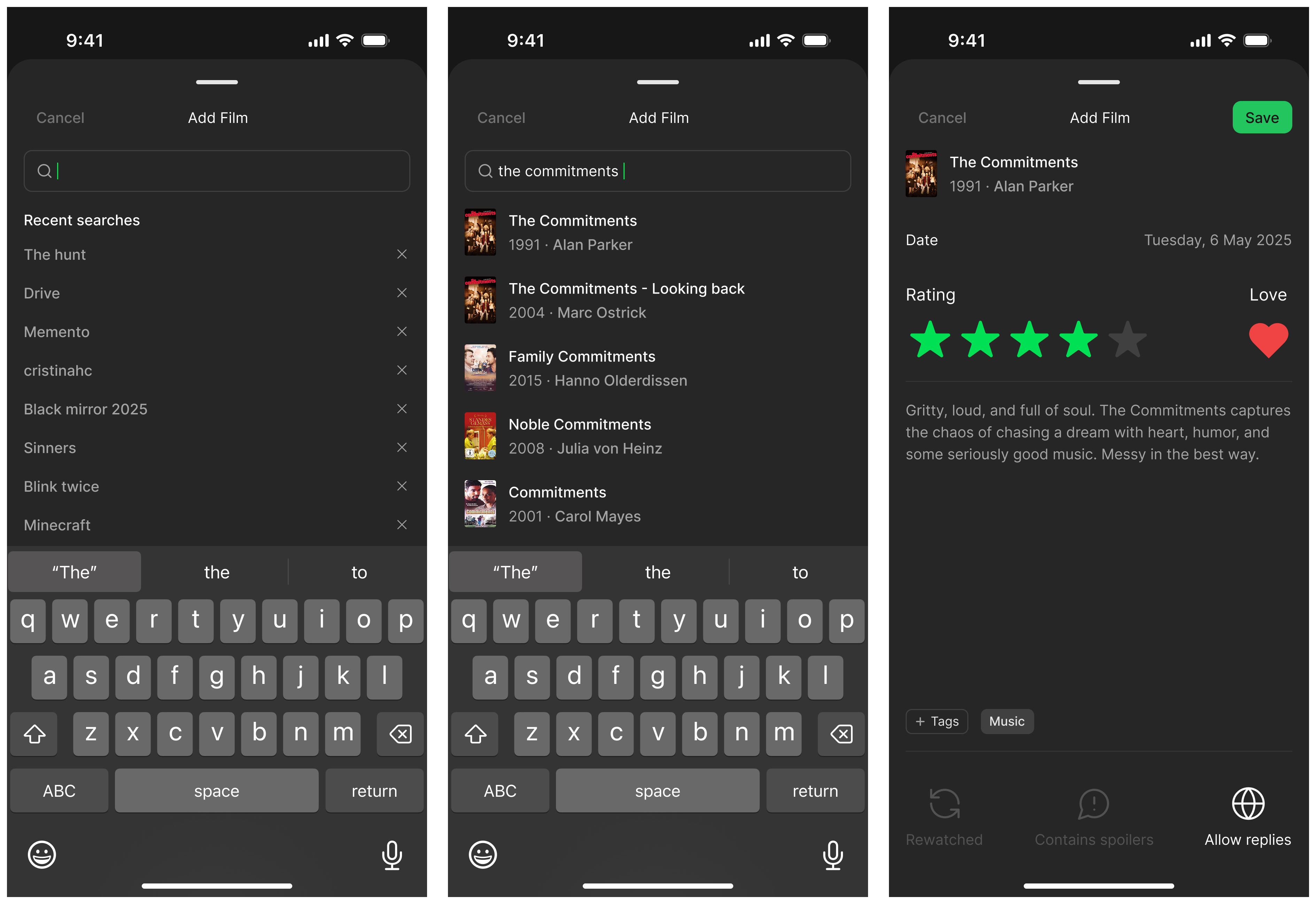 Redesigned Add Film with recent searches, richer logging options, tags and love button