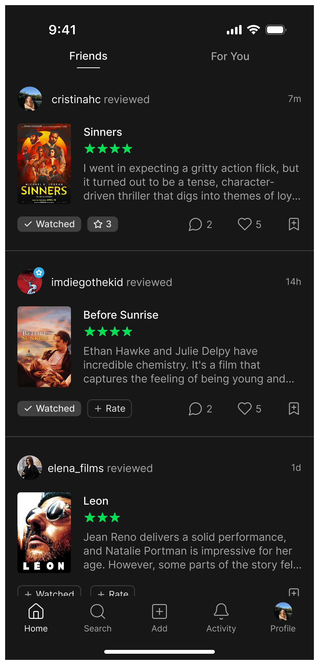 Redesigned Letterboxd home with Friends and For You feed tabs