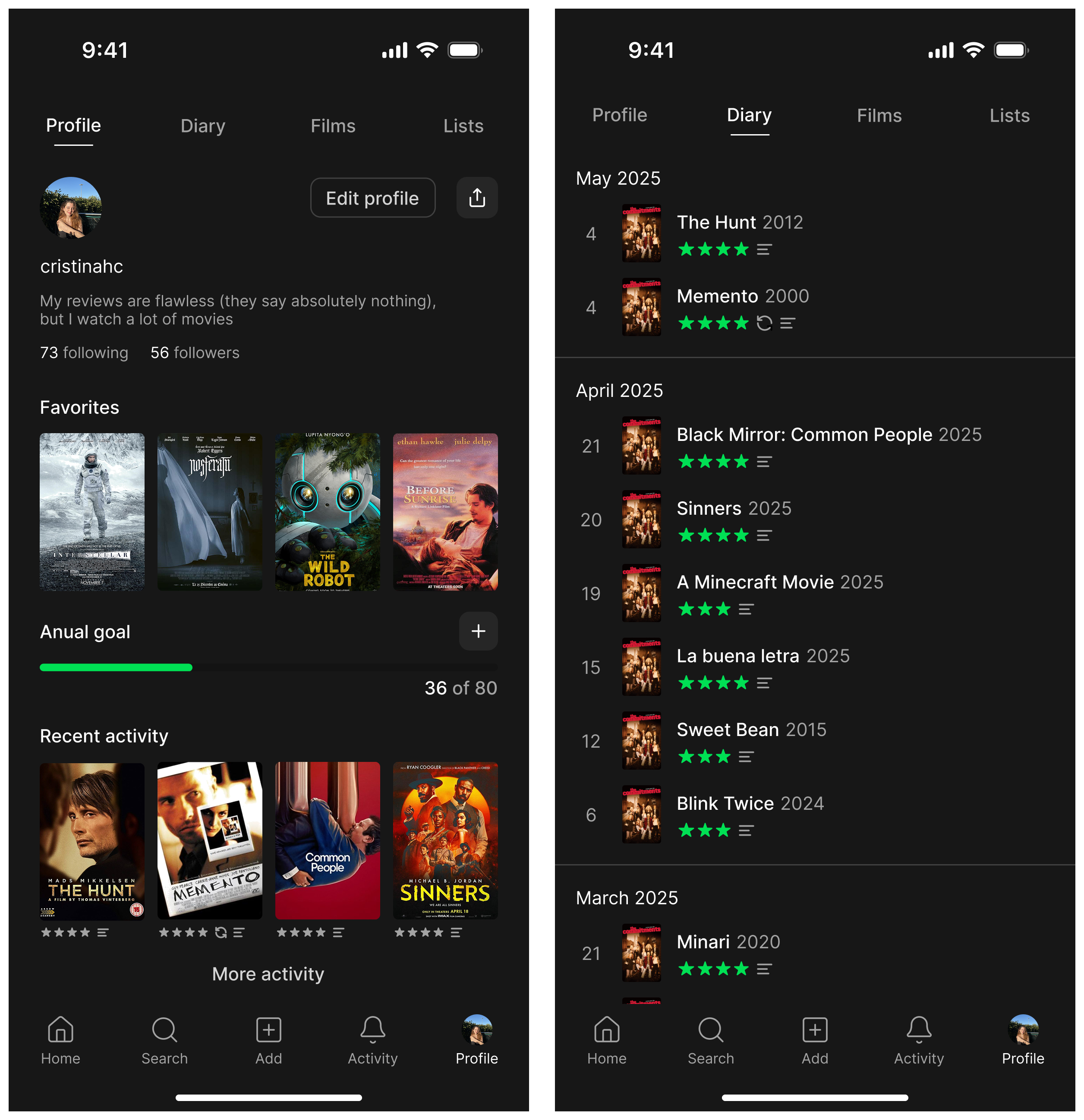 Redesigned profile with favorites, annual goal progress, recent activity and diary