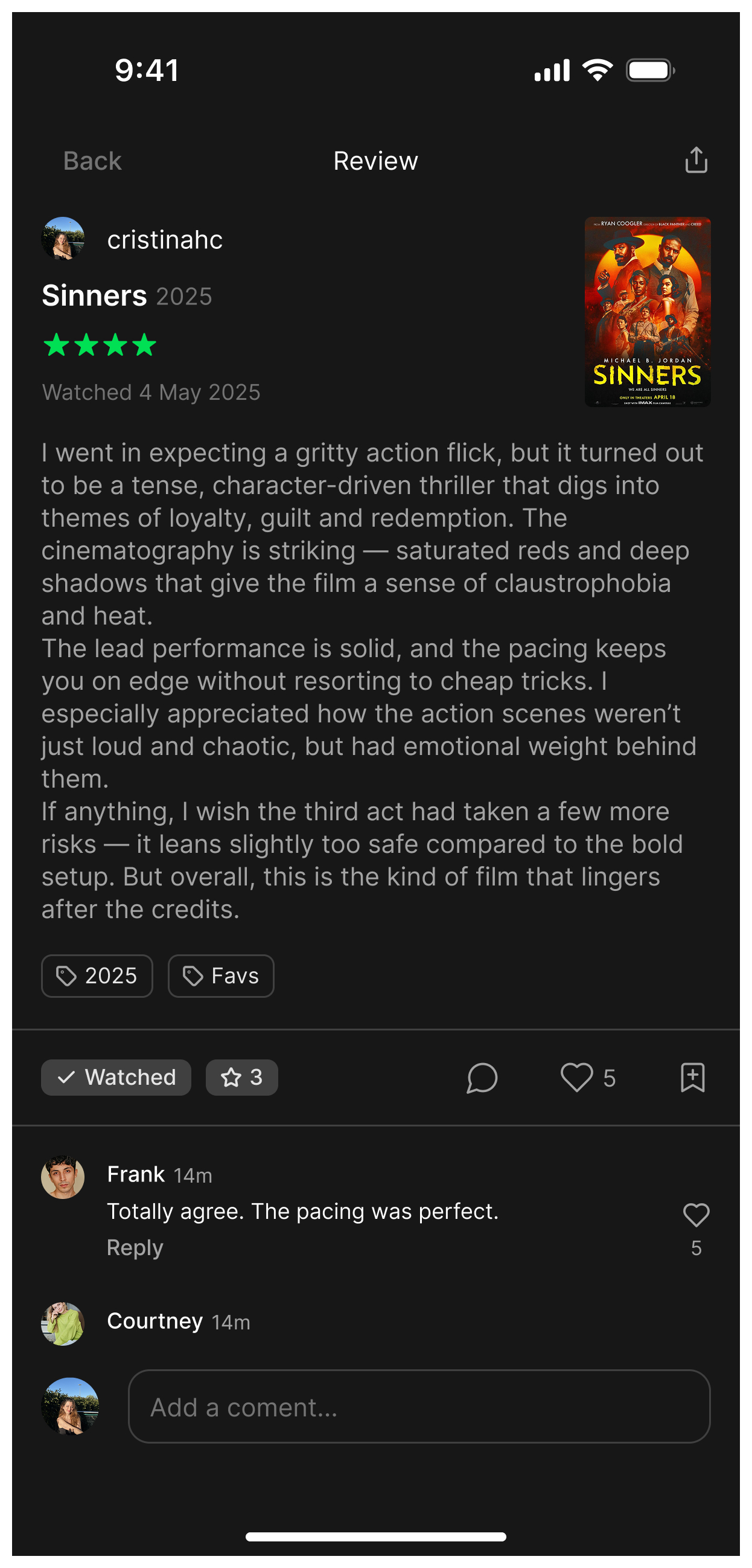 Redesigned review with comments, likes, share and status actions